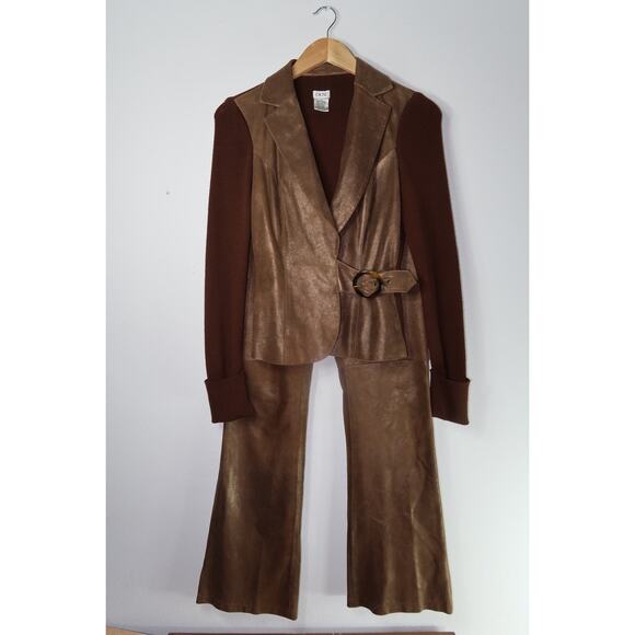 vintage Cache brown bronze gold leather pant suit y2k quiet luxury small - Picture 3 of 11